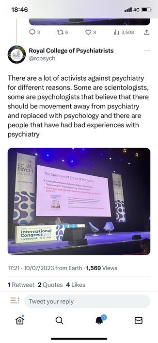 ￼ ￼ Passive aggressive paranoid barstewards ￼ 

@rcpsych

Tweet from #RCPsychIC2023 was quickly deleted ￼ "There are #activists against psychiatry.. Some are #Scientologists, some are #psychologists ..and there are people that have bad #experiences with #psychiatry"