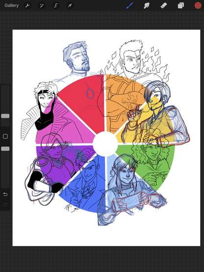 Rainbow colour wheel meme. Each colour segment has a character drawn into it. Currently only Gambit, Ainosuke, Bruno and Endeavour are finished lines. Aoyama and Sanji are almost finished lines. Link only has his head and hair inked. Tony is still only rough sketch.