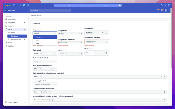 A screenshot of the labs area within the new frontend of Provet Cloud that showcases all the different states of the Combobox component (single select, multi select, different sizes, error state, async options, etcetera).