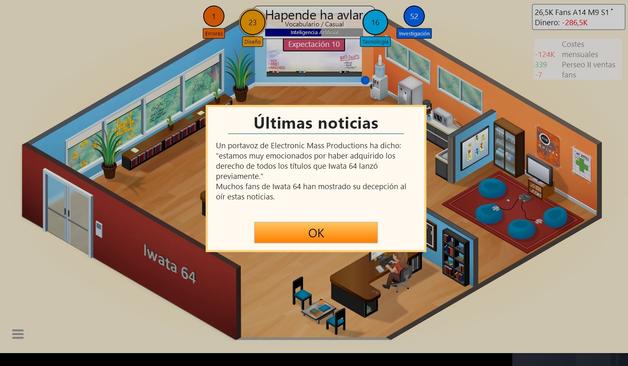 Captura del juego donde sale un mensaje diciendo que mi empresa de desarrollo de videojuegos fue comprada por una empresa que tiene un nombre parecido a Electronic Arts.