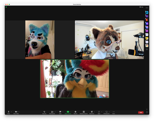 Three individuals, each wearing a fursuit head, take part in a Zoom Call.