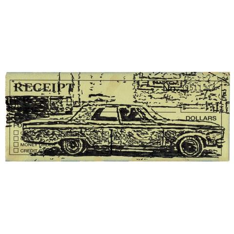 Pen drawing of an older car sitting in a parking lot drawn on a yellow receipt slip.