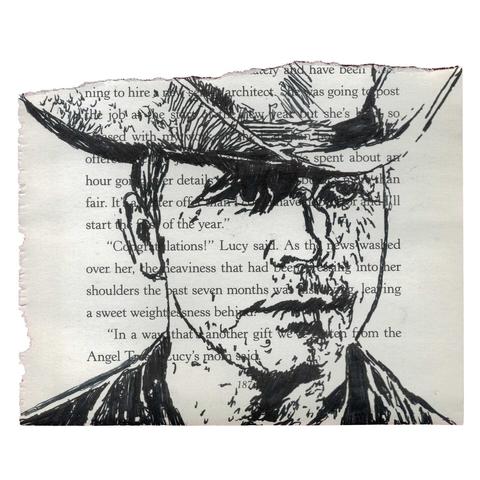 Pen drawing of Tom Laughlin wearing a cowboy hat drawn on a torn book page.