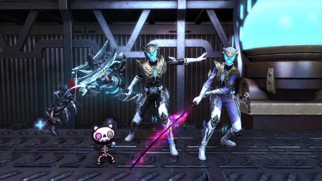 Lillian and Joan brandish their weapons in their Sunshine Savior suits while Venny flexes from within his doll form.