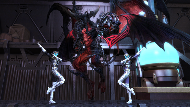 Lillian and Joan perform ranger poses side by side while Venny, in his fully grown form between them, attempts a ranger pose of his own.