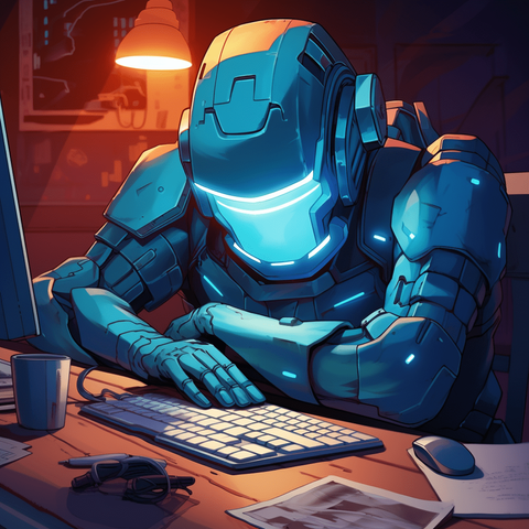 A tired blue Robot almost falling asleep on his desk.