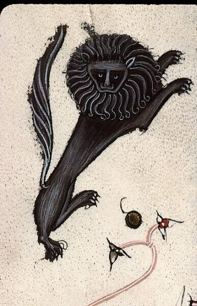 zoomed in detail of a black rampant lion illustration in a medieval manuscript margin
