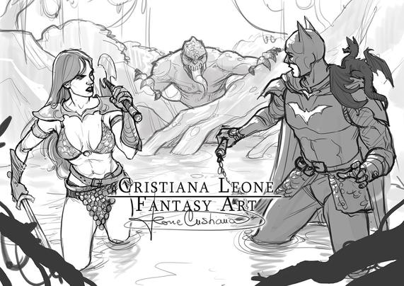 Black and white digital sketch of Batman and Red Sonja in a swamp, threatened by KillerCroc.