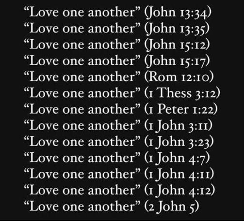 Text only meme, no image:
"Love one another" (John 13:34)
"Love one another" (John 13:35)
"Love one another" (John 15:12)
"Love one another" (John 15:17)
"Love one another" (Rom 12:10)
"Love one another" (1 Thess 3:12)
"Love one another" (1 Peter 1:22)
"Love one another" (1 John 3:11)
"Love one another" (1 John 3:23)
"Love one another” (1 John 4:7)
"Love one another" (1 John 4:11)
"Love one another" (1 John 4:12)
"Love one another" (2 John 5)