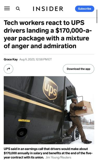A screenshot of a insider business story that says software engineers react to UPS drivers making 170K with anger and admiration. Replacing with a screenshot so as to not give more traffic to them