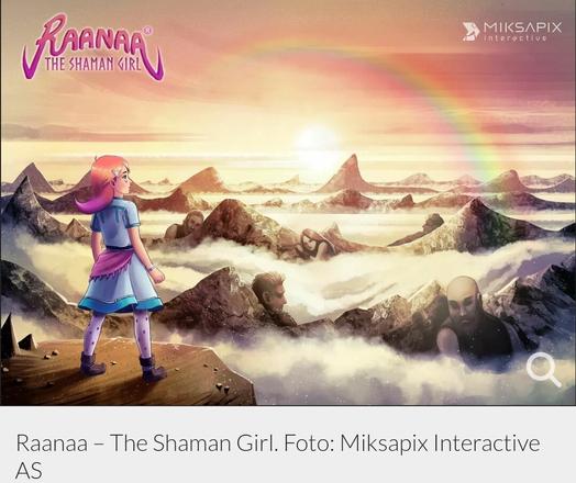 Girl wearing pink-white-blue Sámi inspired clothes standing on a mountain looking out over a landscape of misty peaks, with a rainbow visible in the sky. From "Raanaa".
