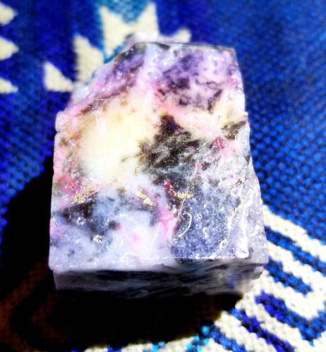 Gorgeous lepidolite specimen. You can see mica metals, pink/purple/blue/gray quartz like colours in it.