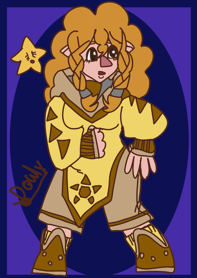 Une jeune fille rousse, avec une étoile jaune avec un visage à ses côtés. La jeune fille porte une tunique en nuances de jaunes, à manches bouffantes et dont le bout fait office de mitaines. Elle aussi un sweat à capuche en dessous de cette tunique, jaune délavé et intérieur gris. Porte un col roulé jaune doré. A aussi un pantacourt et des petites bottes avec chaussettes, le tout en nuances de jaunes. Le tout est sur fond violet