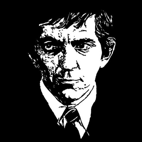 Pen drawing of Jonathan Frid smiling and wearing a suit drawn on a black background.