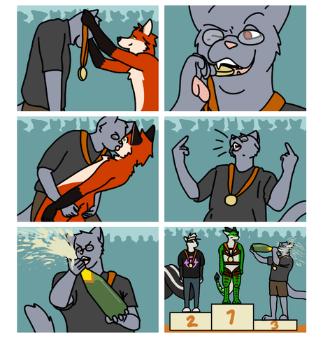 drawover of a comic

panel 1: nikel receives a medal from xipher in front of a crowd

panel 2: nikel excitedly bites the medal, testing what it's made of

panel 3: nikel grabs a surprised xipher and licks his cheek

panel 4: nikel throws the bird from both hands yelling in victory

panel 5: nikel pops open a bottle of champagne still cheering himself

panel 6: nikel sprays the champagne in his mouth while standing on the third place stand, zim and raz on the second and first place stands respectively stare at him