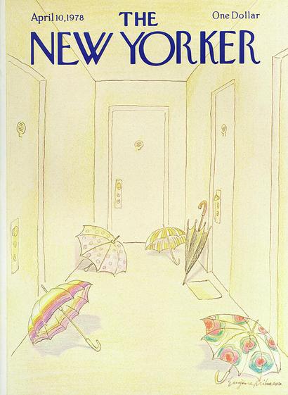 Illustration en couleur d’Eugene Mihaesco. 
Couloir d’un immeuble. 
Murs, sol et portes  sont de couleur jaune beurre frais. 
Des parapluies colorés sèchent devant les portes d’entrée des appartements.