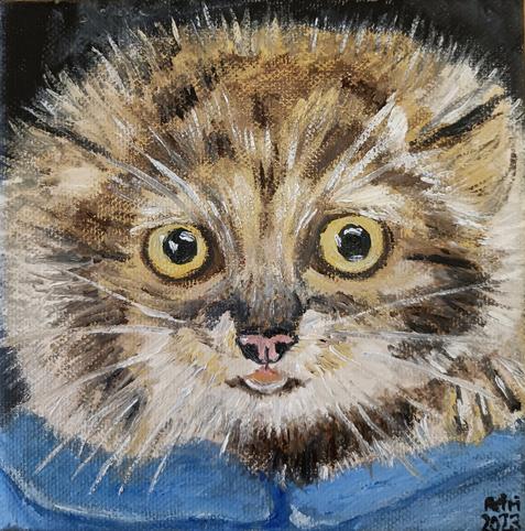 An oil painting of a small manul kitten in hands of a veterinarian. Staring at you with yellow eyes.