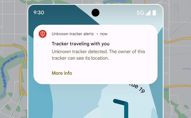Screenshot showing the Android Unknown tracker alert. The text reads: "Tracker traveling with you. Unknown tracker detected, The owner of this tracker can see its location. More info."