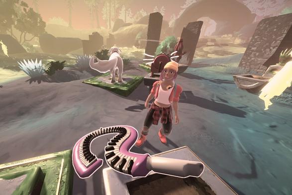 A screenshot of Patou, a game in development with a girl and her dog, playing music instruments