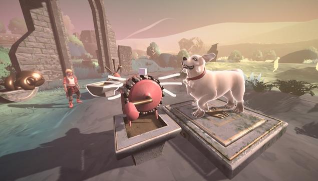A screenshot of Patou, a game in development with a girl and her dog, playing music instruments