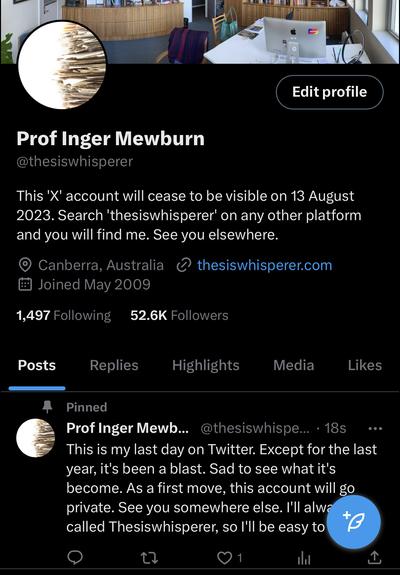 Picture of my Twitter profile and my last tweet, saying it's my last day there.