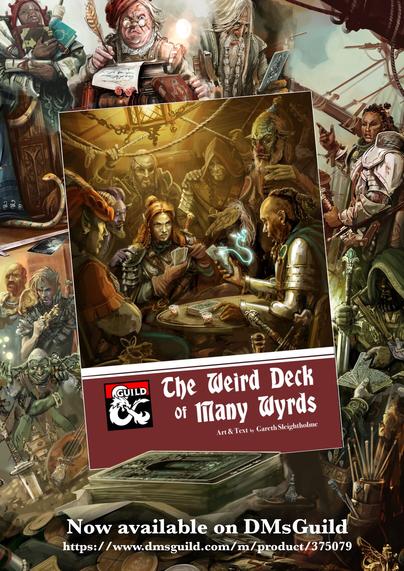 Promo art showing various pieces of art from the book The Weird Deck of Many Words, over on DMs Guild. All focussed around a strange magical deck.