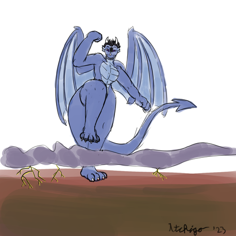A giant blue dragon called March is way taller than the storm clouds at his ankles. He is holding up one paw to stomp with.