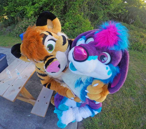 Two fursuiters standing outside near a picnic table. Mek, the tiger/dragon hybrid, is hugging Sparkle Alex, the fairy dachshund. It's a perspective shot, with the camera above their heads.