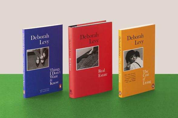 Picture from Penguin of all three book covers of Deborah Levy's memoir trilogy: Things I Don't Want to Know, Real Estate, and The Cost of Living.