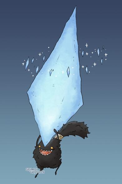 A drawing of a final fantasy fourteen spriggan running and carrying a giant glowing blue crystal above its head. 

This type of spriggan is a dark grey furry creature with big long tufts for ears, tiny glowing yellow beads for eyes, a big toothy grin and thin little legs and arms. Its tied some cloth around the bottom of its ears.

Tiny shards are floating around the big crystal. On closer inspection it is the Mother Crystal Hydaelyn. 

Give that back Spriggy!