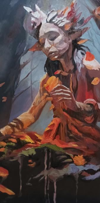 water shaman cleansing a polluted river, oilpainting 50x100 cm by cornelia es said, in beautiful muted, organic colors with bright highlights in warm yellow and orange hues