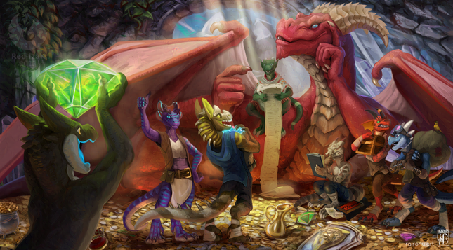 red dragon lying on a hoard, kobold helpers around