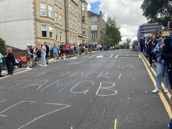 Chalk writing on Great George Street: “GO ANNA SHACK TEAM GB”