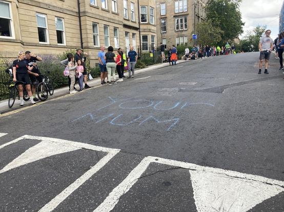 Chalk writing on Great George Street “YOUR MUM”