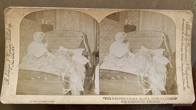 An example of a stereoscopic image from 1890, published by Strohmeyer & Wyman. 

It depicts a bedroom scene, with a man lying down staring to the right, looking dismayed. On the left is a stern looking woman wagging her finger at him. The text along the bottom reads 

"For heaven's sake, Maria, give us a rest!"
Die gardinen-predigt

(Nice bit of 130 year old casual sexism there.)

The two images look almost identical when viewed side-by-side without the stereoscope.