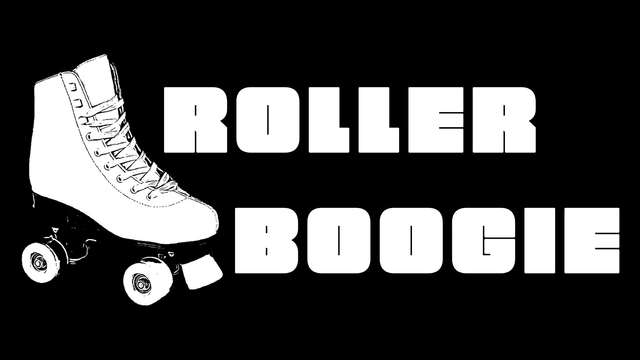 Black punk patch design with a vintage roller skate next to the text “Roller Boogie” on a black background.