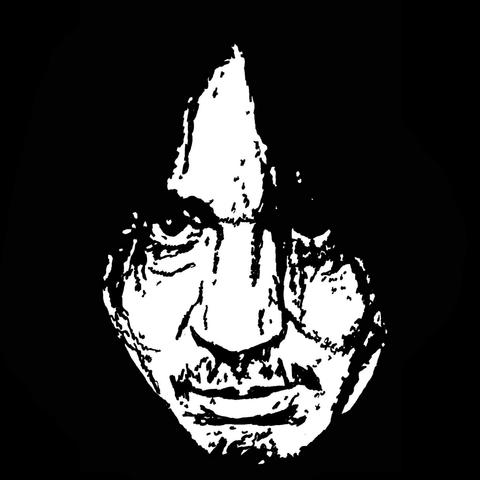 Pen drawing of Choi Min-sik with a crazed look in his eyes drawn on a black background.