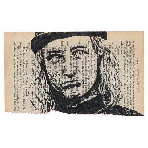 Pen drawing of a bored looking teenager wearing a beanie cap drawn on a torn-out book page.