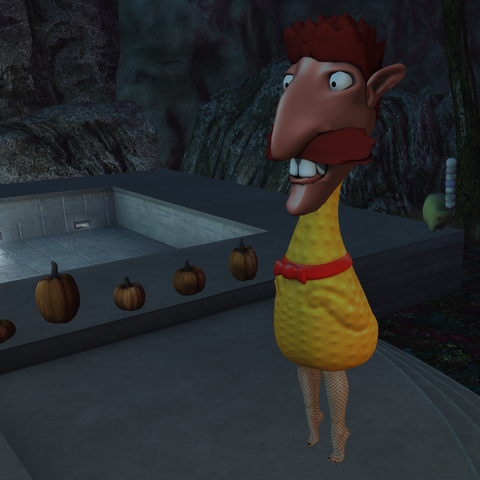 A rubber chicken squeaker with women's fishnet-clad legs and Nigel Thornberry's head stands on stairs in front of a pool.