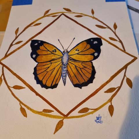 Sparkly, gold & blue butterfly. Watercolour painting.