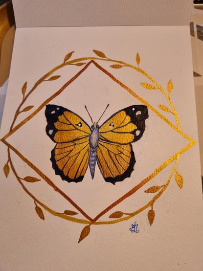 Sparkly gold and blue butterfly. Watercolour painting.