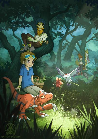 the main characters from "Digimon Tamers" with their digimon partners chilling in the woods and calumon bringing guilmon a flower