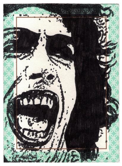 Pen drawing of Tim Curry wearing pearls and lipstick and laughing maniacally drawn on a green bordered piece of stationery.