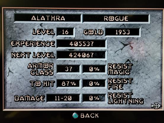 A screenshot of my character info in Diablo on my modded PS1 mini. Alathra the rogue is level 16!