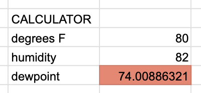 Two columns of a spreadsheet that calculate a dewpoint of 74 F from a temperature of 80 F and a humidity of 82%. The square indicating a dewpoint of 74 F is a lurid red.