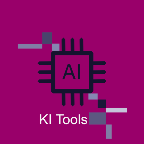 Auf magentafarbenem Hintergrund ist ein Pictogramm eines Computerchips zu sehen. Im Chip stehen die Buchstaben "AI", unterhalb des Chips steht "KI Tools".
