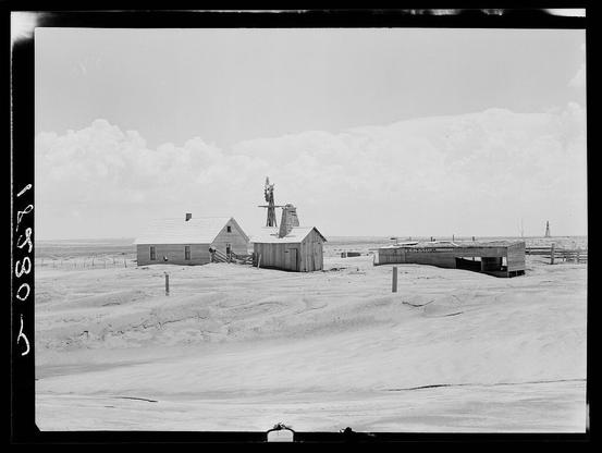 Abandoned farm of the western Panhandle, Cimmaron i.e. Cimarron County, Oklahoma. In 1934 and again in 1936 drought conditions in the Great Plains became so severe that it was necessary for the federal government to take steps to rescue dying cattle, relieve destitute families and safeguard human lives. From the report of the Great Plains Committee, 1936