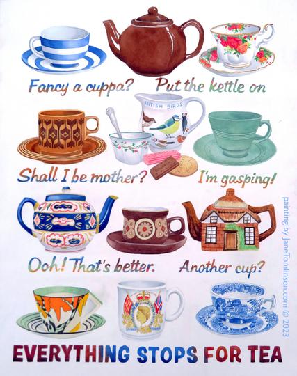 Painting of vintage teacups and teapots.