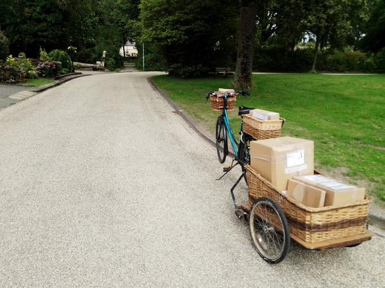 Bicycle pulling a trailer loaded with parcels on a newly resurfaced street.