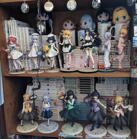 Top: Is the Order a Rabbit?, Sakura Trick, Takemiya Jin, JP The Two of Them are Pretty Much Like This,  Tadokoro-san by Tatsubon, and An Easy Introduction to Love Triangles (To Pass the Exam!) by Canno. Along with a fraction of my GochIUsa merch.

Bottom: Kiss and White Lily, Aoi Hana, Citrus, Kasa-san,  A Tropical Fish Yearns for Snow, Our Teachers are Dating, Our Wonderful Days, etc. And more merch